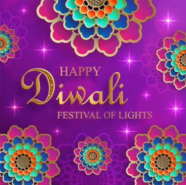 Mutlu Diwali vektör çizimleri. Bayram Diwali ve Deepawali kartı. Hint renk arkaplan ışık festivali