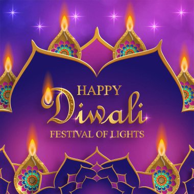 Mutlu Diwali vektör çizimleri. Bayram Diwali ve Deepawali kartı. Hint renk arkaplan ışık festivali
