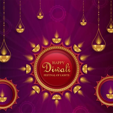 Mutlu Diwali vektör çizimleri. Bayram Diwali ve Deepawali kartı. Hint renk arkaplan ışık festivali