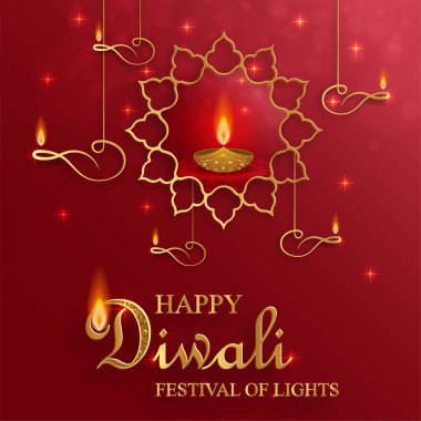 Diwali, Deepavali ya da Dipavali için şömineli Diya lambası, Hint renk arkaplan ışık festivali