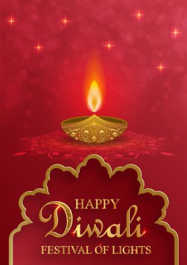 Diwali, Deepavali ya da Dipavali için şömineli Diya lambası, Hint renk arkaplan ışık festivali