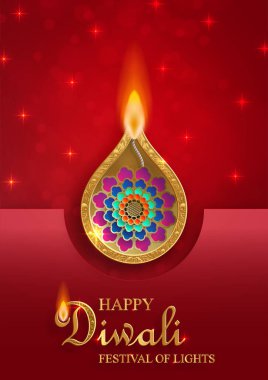 Diwali, Deepavali ya da Dipavali için şömineli Diya lambası, Hint renk arkaplan ışık festivali