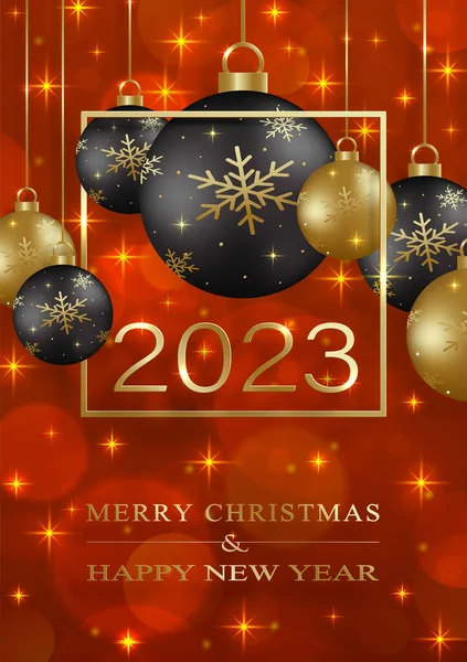 新年快乐2023 喜庆的图案 圣诞球和雪片概念的色彩背景的邀请卡 圣诞快乐 新年快乐 海报或网络横幅 — 图库矢量图片