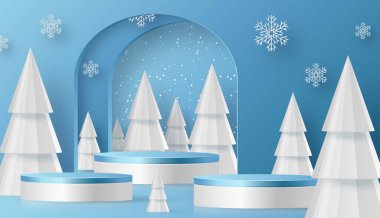 3d Kış İndirimi podyumu bayram desenleri ve kar taneleri konsepti üzerine renk arkaplanı illüstrasyonu için. 