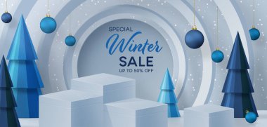 3d Kış İndirimi podyumu bayram desenleri ve kar taneleri konsepti üzerine renk arkaplanı illüstrasyonu için. 