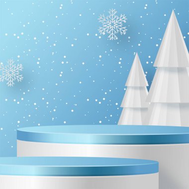 3d Kış İndirimi podyumu bayram desenleri ve kar taneleri konsepti üzerine renk arkaplanı illüstrasyonu için. 
