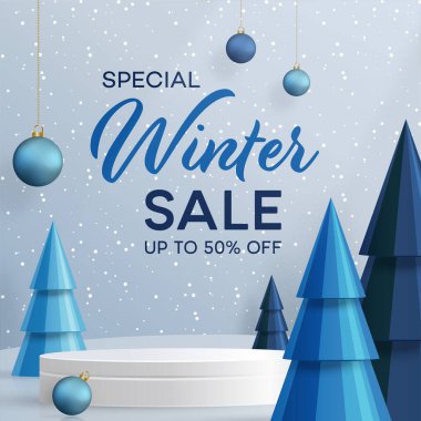 3d Kış İndirimi podyumu bayram desenleri ve kar taneleri konsepti üzerine renk arkaplanı illüstrasyonu için. 