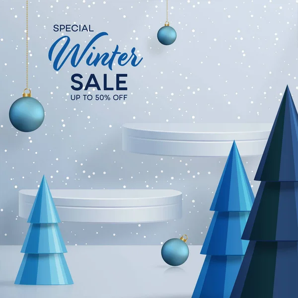 3d Kış İndirimi podyumu bayram desenleri ve kar taneleri konsepti üzerine renk arkaplanı illüstrasyonu için. 