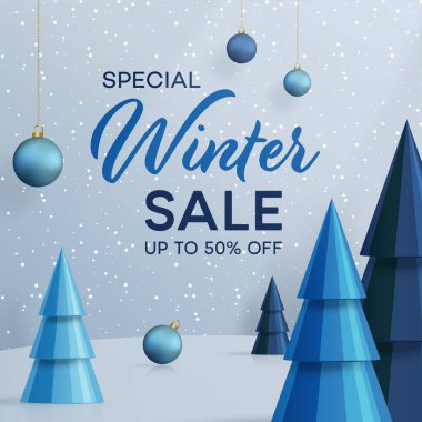 Kış indirimi afişi renkli arka planda kar taneleri kavramı ile şenlik desenleri üzerine illüstrasyon. 