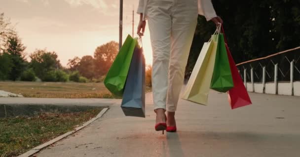 Une femme en chaussures rouges porte des sacs avec des achats à la mode. — Video