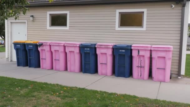 Latas de basura rosadas mezcladas con azules se colocan contra la pared de la casa — Vídeos de Stock