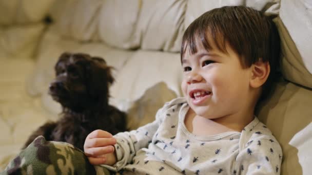 Anak Asia ceria menonton TV, tersenyum. Seekor anak anjing duduk di sampingnya — Stok Video