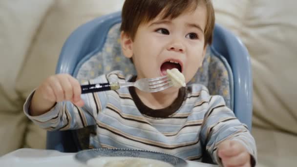 Oberoende barn på två år äter dumplings — Stockvideo