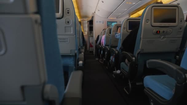 Ряды мест в салоне самолета во время полета — стоковое видео