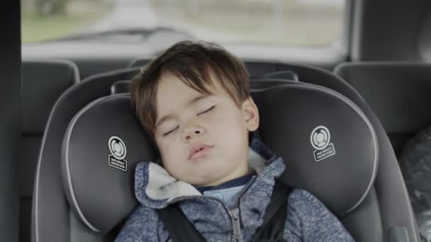 Egy alvó fiú két éves lovagol a gyerekülésben. — Stock videók