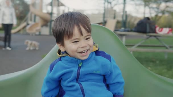 Carefree asiatisk kid rider på en glædelig-go-round, smiler og nyder en tur. – Stock-video