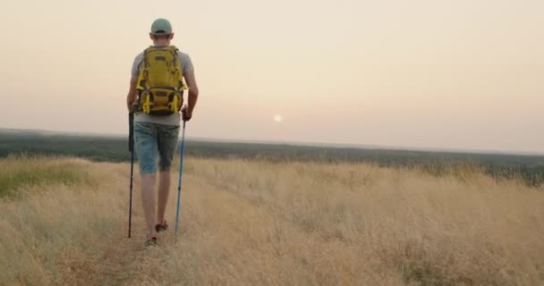 Молодий дорослий чоловік займається скандинавською ходьбою з рюкзаком через сільську місцевість. — стокове відео