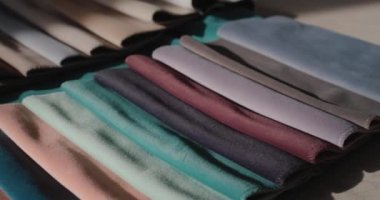 Dolly shot: Set of fabric samples - a palette for choosing a material for furniture, sewing clothes and other