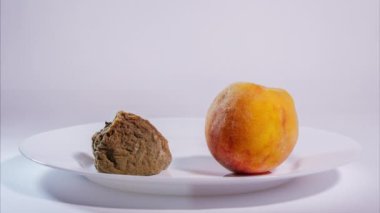 An old rotten peach sucks the juice and vitality from another peach. Donate, donation and rejuvenation concept