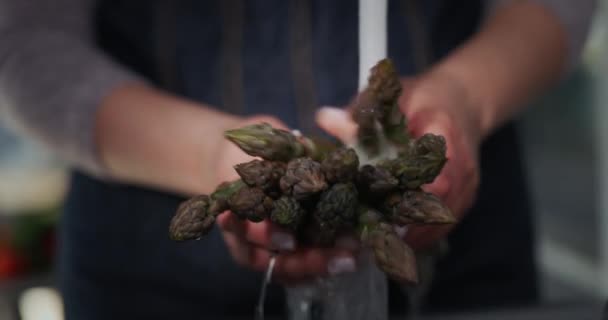 Close-up of womens hands with a bunch of asparagus - washes sprouts under a stream of water from the tap — Stok Video