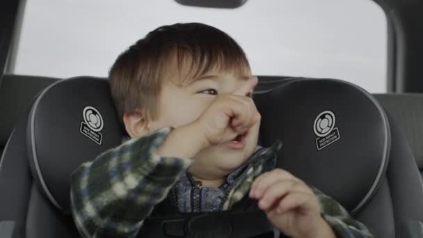 Активний веселий хлопчик два роки їде на дитяче автокрісло — стокове відео