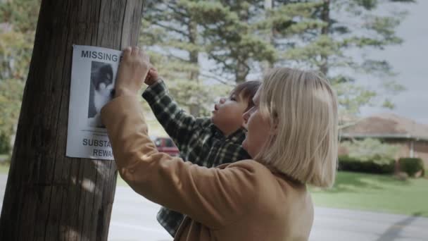 Una madre y un niño anuncian la desaparición de un cachorro juntos. Búsqueda y desaparición de mascotas — Vídeos de Stock