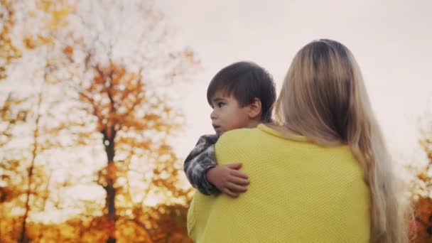 Anya egy babát hordoz a karjaiban, átsétál egy gyönyörű parkon naplementekor. — Stock videók