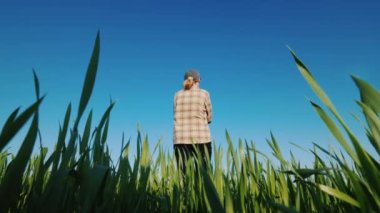 Dişi bir çiftçi yeşil buğday tarlasında tek başına duruyor, arkadan bir manzara.