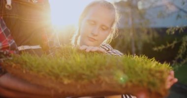 Kız yeşil çimenlerin filizlerini okşar, bir parça çimenli toprak bir çiftçinin elinde tutulur..