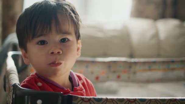 Retrato de um menino, comendo uma maçã grande, de pé em seu berço — Vídeo de Stock