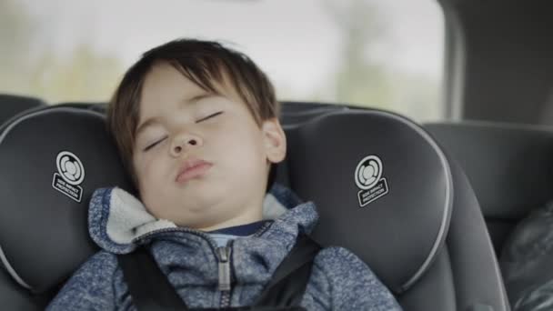 Viaje con un niño - un niño multiétnico de dos años de edad, siesta en un asiento de coche en el asiento trasero de un coche — Vídeos de Stock