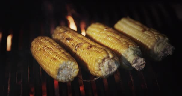 Quatro espigas de milho são fritas em uma grelha quente — Vídeo de Stock