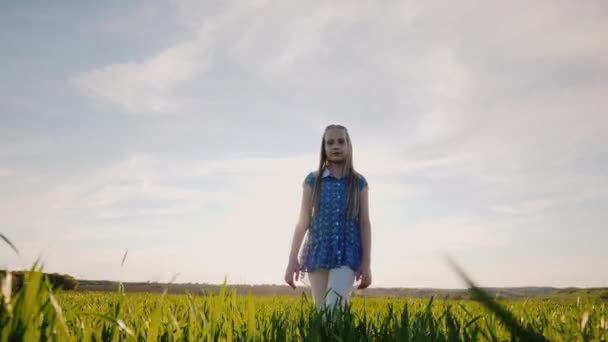 思考の少女が緑の草原を歩く — ストック動画
