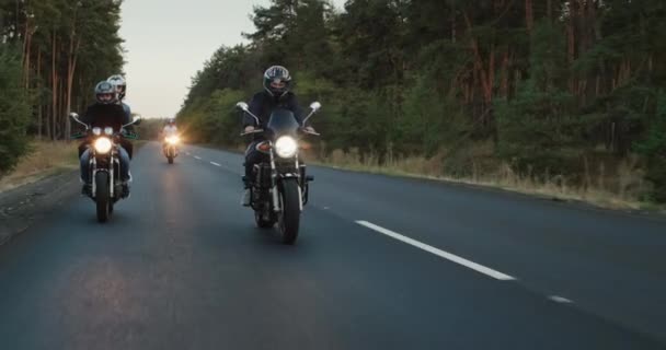 Young travelers ride motorcycles on the highway among high spruces — Stock video