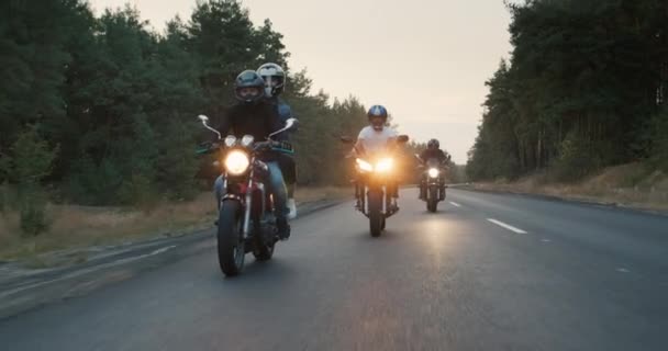 Bikers ride on the road among the pine forest, maneuver, enjoy the journey — Stock video