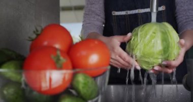 Kadın salata malzemelerini yıkıyor. Lahana başlıklı bir su deresinin altında..