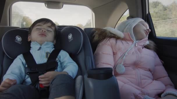 Κοιμισμένα Παιδιά Οδηγούν Στο Πίσω Κάθισμα Του Αυτοκινήτου Ασιατικό Μωρό — Αρχείο Βίντεο