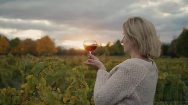 Una Donna Tiene Mano Bicchiere Vino Rosso Stando Sullo Sfondo — Video Stock