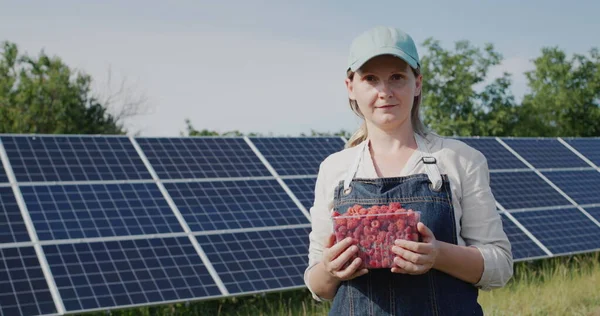 A farmer with a container of raspberries stands in front of a home solar power plant. Eco-friendly products from a small farm.