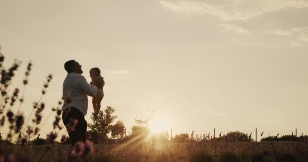 Silhouette Happy Father Throwing His Little Daughter — Stock video