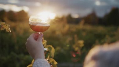Tadıcı, güneşin battığı üzüm bağının arka planında bir kadeh kırmızı şarap tutuyor. Turizm ve şarap turu konsepti.
