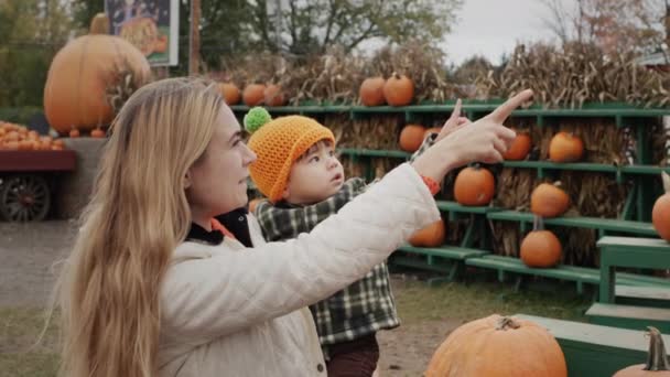 Woman Little Boy Thanksgiving Farm Fair — Vídeo de stock