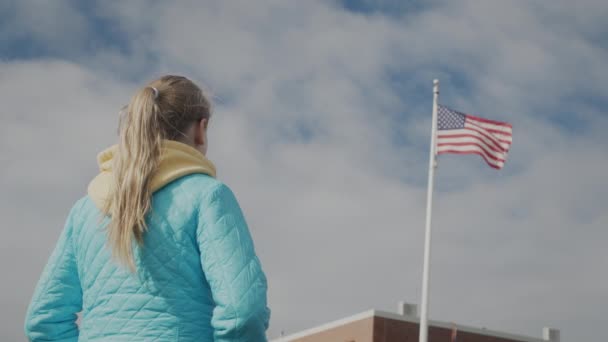 School Age Child Looking Usa Flag Flagpole Rear View — 비디오