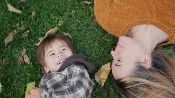Mutlu Bir Anne Çocuk Birlikte Oynar Parkta Çimlerin Üzerinde Uzanır — Stok video