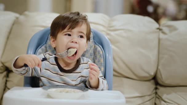 Asian Kid Appetite Eats Small Dumplings His Bowl — Stock video