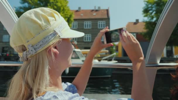 Woman Takes Pictures Herself Background Copenhagens City Line Sails Sightseeing — Stock Video