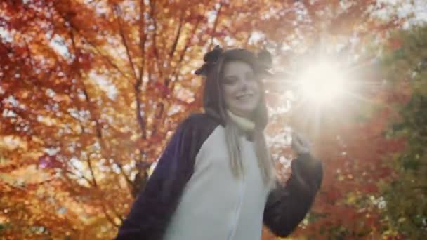 Cheerful Child Deer Costume Dances Beautiful Autumn Tree — Video