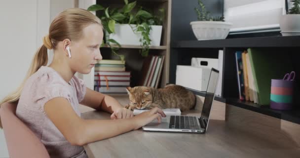 Child Engaged Laptop Her Room Next Her Red Cat — ストック動画