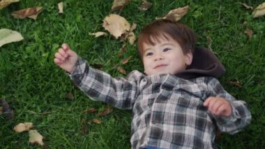 Neşeli bir Asyalı çocuk çimenlerin ve sarı yaprakların üzerinde uzanıyor. Eğlenceli bir yürüyüş..