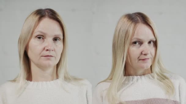 Portrait Une Femme Âge Moyen Avant Après Les Extensions Cheveux — Video